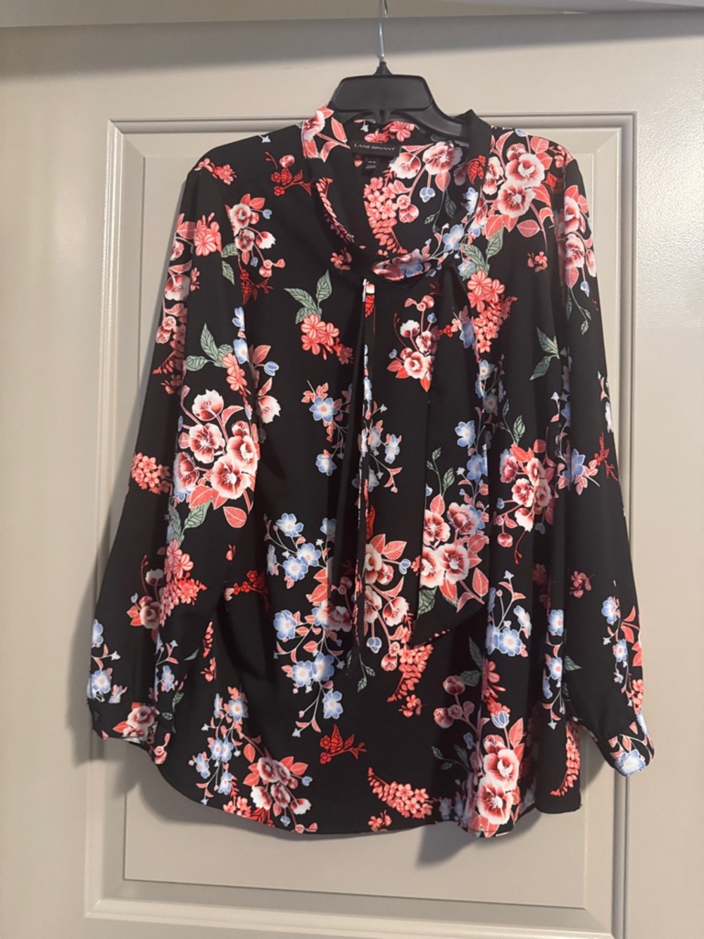 Lane Bryant Black Floral Tie-Neck Blouse with Coral & Blue Blooms